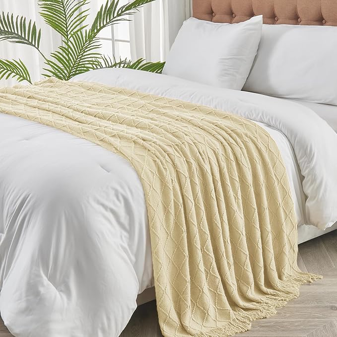 inhand Knitted Throw Blanket for Couch and Bed, Soft Living Room Home Decor Knitted Blanket with Tassel, Outdoor Lightweight Breathable Summer Blanket, Farmhouse Warm Woven Decorative, 50"x60"