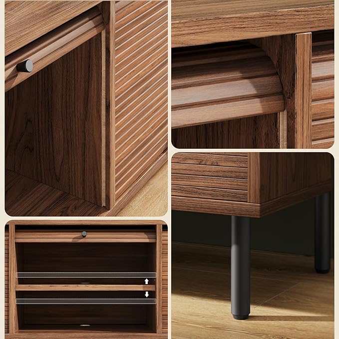 59 Inch TV Stand with Power Outlet for TVs up to 65 Inch, Entertainment Center with Storage, Mid-Century Modern TV Console, Adjustable Shelf & Sliding Doors, TV Stand for Living Room, Bedroom, Walnut