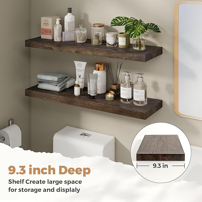 RICHFOCUS Elm Floating Shelves for Wall - 36" W x 9.3" D Rustic Solid Wood Shelves with Invisible Bracket, Wall-Mounted for Living Room, Bedroom, Kitchen Storage & Display, Set of 2, Walnut