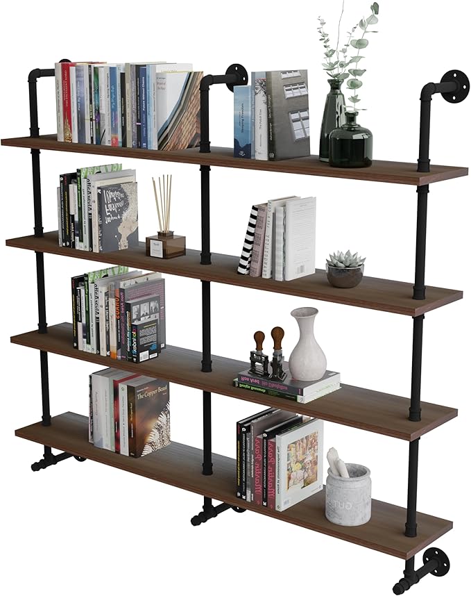 Industrial Pipe Wall Shelves Pipe Shelving with Real Wood Plank,60 Inches Floating Shelves for Wall Farmhouse Pipe Book Shelves Dark Brown 4 Tier for Kitchen,Living Room Decor and Bar Shelving