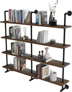 Industrial Pipe Wall Shelves Pipe Shelving with Real Wood Plank,60 Inches Floating Shelves for Wall Farmhouse Pipe Book Shelves Dark Brown 4 Tier for Kitchen,Living Room Decor and Bar Shelving