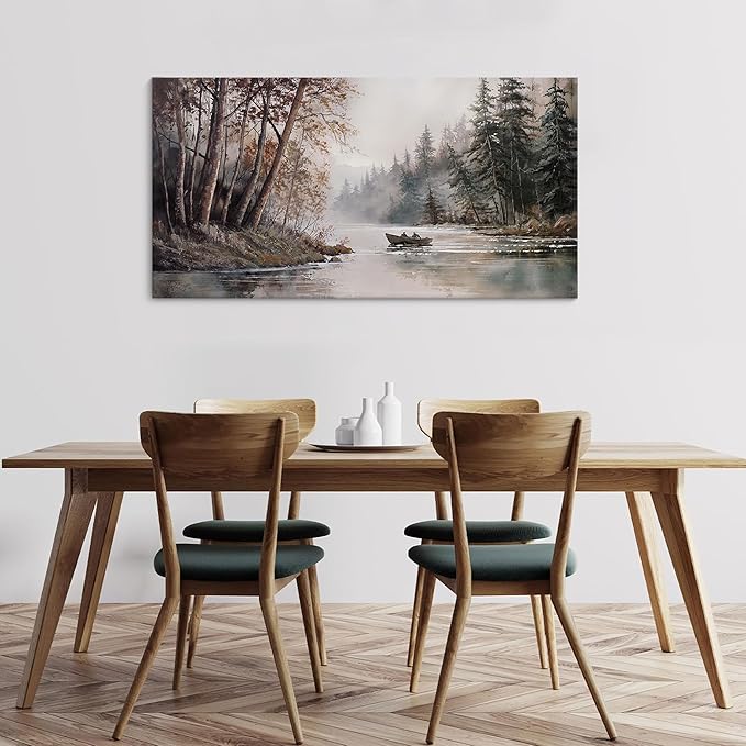 HGUAOA Mountain Canvas Wall Art Rustic Lake Landscape - Nature & Forest Scenery Paintings Pictures for Living Room & Bedroom Wall Decor Vintage Artwork for Walls