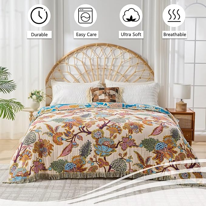 Boho Throw Blanket for Bed, Sofa,Cozy Lightweight Fall Blanket,100% Cotton Southwestern Farmhouse Floral Decor, Reversible Rustic Blanket, Chair, Picnic Throw Blanket,50"x60"