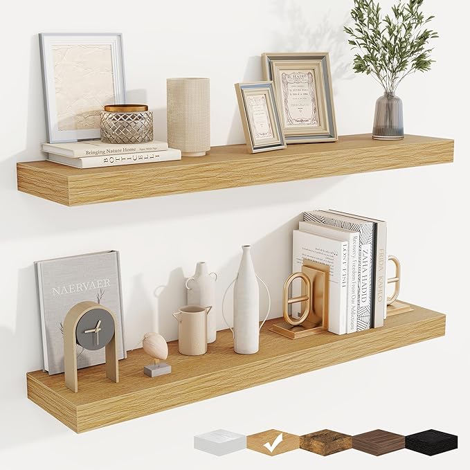 fuqing Floating Shelves for Wall, Bathroom Shelf Wall Mounted for Storage, Shelves with Invisible Bracket for Bedroom, Kitchen, Living Room, Farmhouse Small Book Shelf, 36 Inch Set of 2, Oak