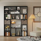 71” Tall Open Black Bookcase with Baskets, Free-Standing 6-Tier Wooden Display Storage Bookshelves with 16 Irregular Cubes for Living Room, Home Decor