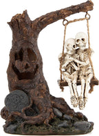 Halloween Skull Statue with Spooky LED Light for Holiday Decorations, Halloween Decor with Romantic Skeleton Couple on Swing Tombstone Tree, Grinning Skull Decor Props Haunted Collectible Gift