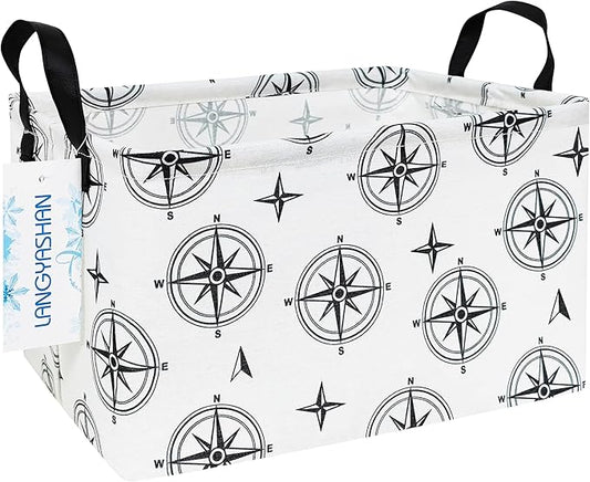 LANGYASHAN Rectangular Storage Bin Collapse Canvas Fabric Cartoon Storage Basket with Handles for Organizing Home Kitchen Boys and Girls Toys Office Closet Shelf Baskets (Rec Black Compass)