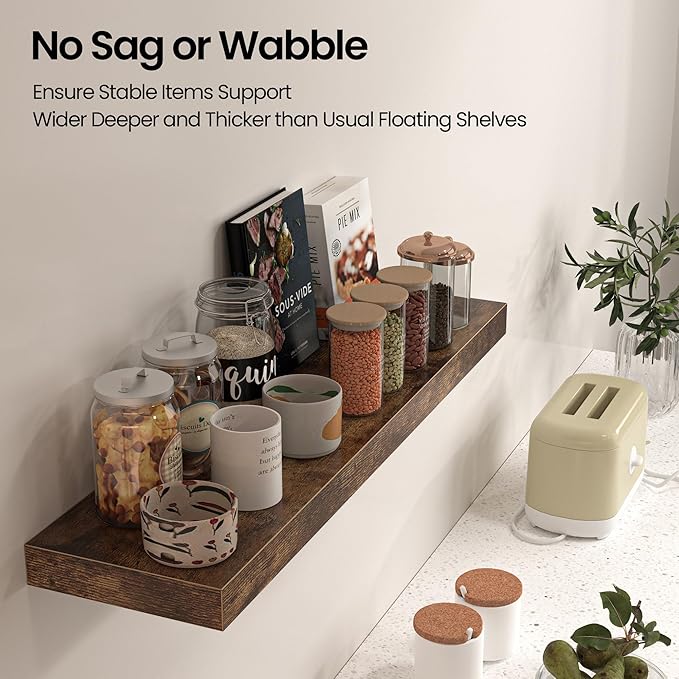 Floating Shelves for Wall, 31.5"W x 6.7"D x 1.5"H, Wooden Wall Mounted Display Shelf with Invisible Brackets for Living Room, Bedroom, Bathroom, Kitchen Decor & Storage, Set of 2, Rustic Brown