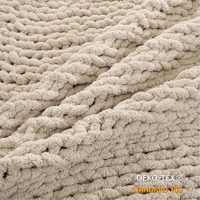 WESHIONGOO Chunky Knit Blanket Throw 40"×40" Knitted Throw Blankets for Couch Bed Fluffy Soft Blanket with Jumbo Chenille Yarn Thick 100% Handmade (Linen)