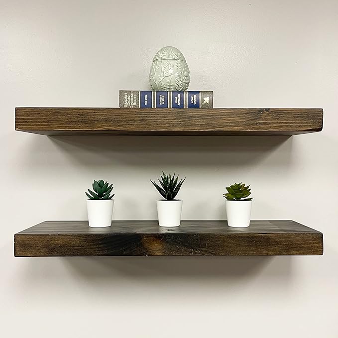 URBANDI, Rustic Floating Shelves, Set of 2, Hidden Bracket, Solid Wood, Heavy Duty, Wall Mounted Shelves, (Dark Brown, 36Wx12D)