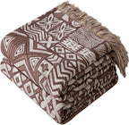 Boho Throw Blanket Twin Size, Soft Cozy Cotton Muslin Quilt Blanket for Bed Decor, Patchwork Block Couch Sofa Chair Cover, Vintage Farmhouse Cottage Tapestry Woven Blanket, Brown&White