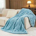 NEWCOSPLAY Faux Fur Twin Blanket Blue 3D Ribbed Plush Thick Warm Blanket for Couch Sofa Bed 850GSM (Blue Ribbed, Twin(60"x80"))