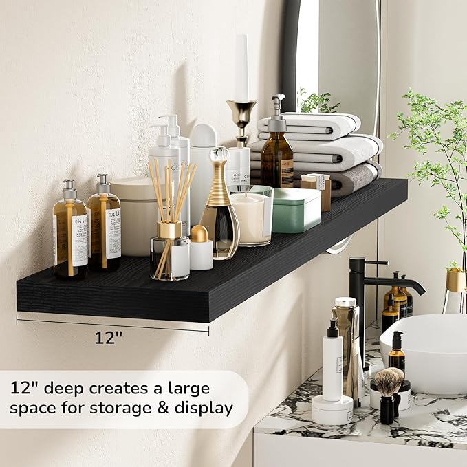 Fun Memories Floating Shelves - 12 Inch Rustic Wooden Wall Shelves - Extra Deeper & Thicker Wall Mounted Storage Shelf for Living Room, Kitchen, Farmhouse - 55" W x 12" D x 1.8" H - Rustic Black
