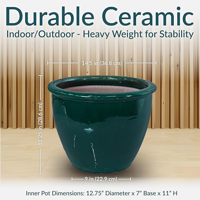 Sunnydaze Chalet Large Ceramic Plant Pot - Round Outdoor Glazed Ceramic Planter Pot with Drainage - Dark Green - 14.5"