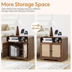 24" Large Side Table with Charging Station, Mid Century Modern End Table with USB/Type-C Ports, Curved Wood Nightstand with Storage & Natural Linen, Couch Side Table for Living Room Bedroom, Walnut