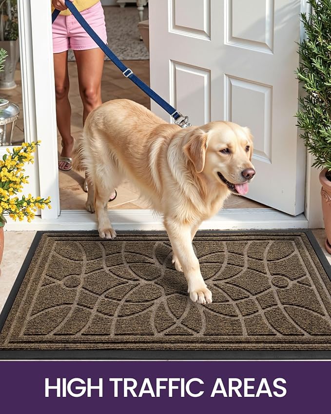DEXI Front Door Mat Outside Entrance, Heavy Duty Non Slip Low Profile Doormat for Entryway, Trap Dirt and Moisture Welcome Mats, Easy Clean, Patio, Garage, 4x2, Brown