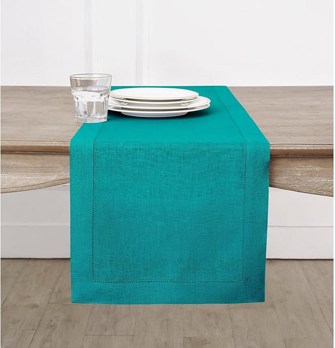 Solino Home Linen Teal Table Runner 108 Inches Long - 100% Pure Linen Hemstitch 14 x 108 Inch Table Runner for Dining, Fall, Autumn, Thanksgiving - Classic Hemstitch