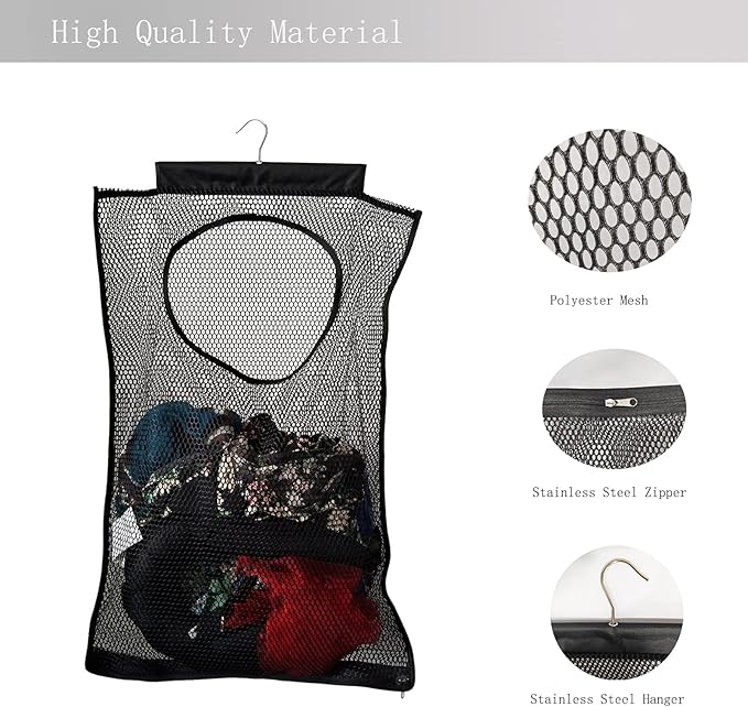Hanging Mesh Laundry Hamper (30in*20in*2in) Large Dirty Clothes Bag, Can Be Used Behind The Door & Closet & Caravan& Bathroom (Black)