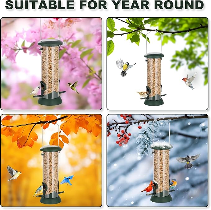 FEED GARDEN 2 Pack Tube Bird Feeders for Outdoors Hanging, Premium Hard Plastic Wild Bird Feeders with 2 Ports, Small Bird Feeder Easy-Refill&Clean, Gifts for Mom Woman, 8.5 Inch Green