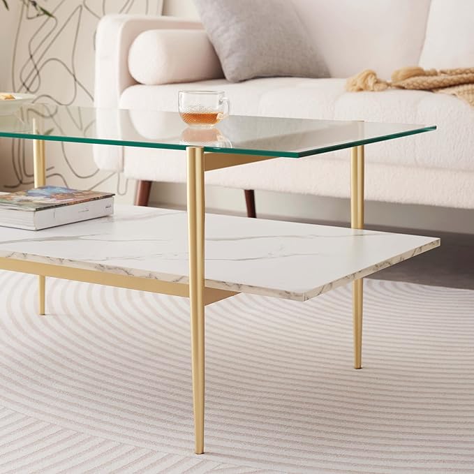Rectangle Coffee Table for Living Room, Mid-Century Modern Design, L41 x W21 x H17, 2-Tier Structure, Clear Glass Top and White Marble Finish Wood Shelf, Conical Legs with Gold Finish