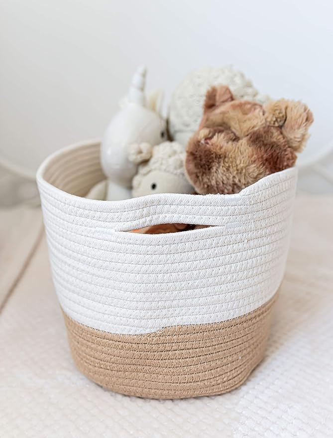 OrganiHaus Woven Storage Baskets for Organizing, Cotton Rope Organizer Bins for Shelves, Closet & Nursery, Dog Toy Basket, Decorative Bins for Toys, Towels & Books - 15x10x9, Honey/Off-White