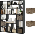 71” Tall Open Black Bookcase with Baskets, Free-Standing 6-Tier Wooden Display Storage Bookshelves with 16 Irregular Cubes for Living Room, Home Decor