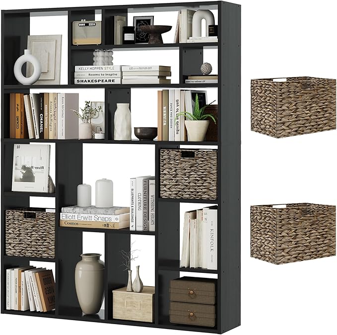 71” Tall Open Black Bookcase with Baskets, Free-Standing 6-Tier Wooden Display Storage Bookshelves with 16 Irregular Cubes for Living Room, Home Decor