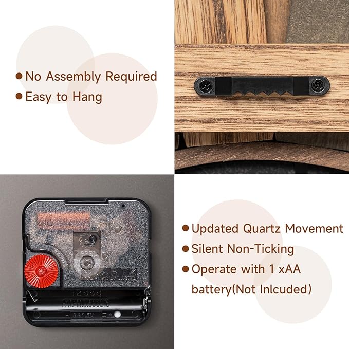 Honiway 16 Inch Wall Clocks, Rustic Wood Boho Sunburst Decorative Wall Clock Battery Operated Silent Non Ticking Farmhouse Large Wall Clocks for Living Room Kitchen Bedroom Home Decor (Tricolor)