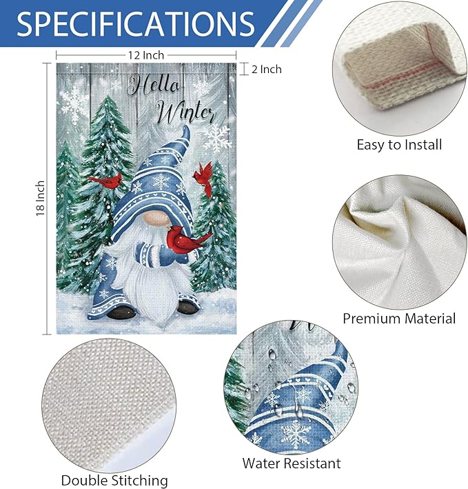 Hello Winter Gnome Garden Flag 12x18 Double Sided Burlap Cardinals Snowflakes Snow Yard Flags for Christmas Seasonal Outside Outdoor House Decoration (ONLY FLAG)