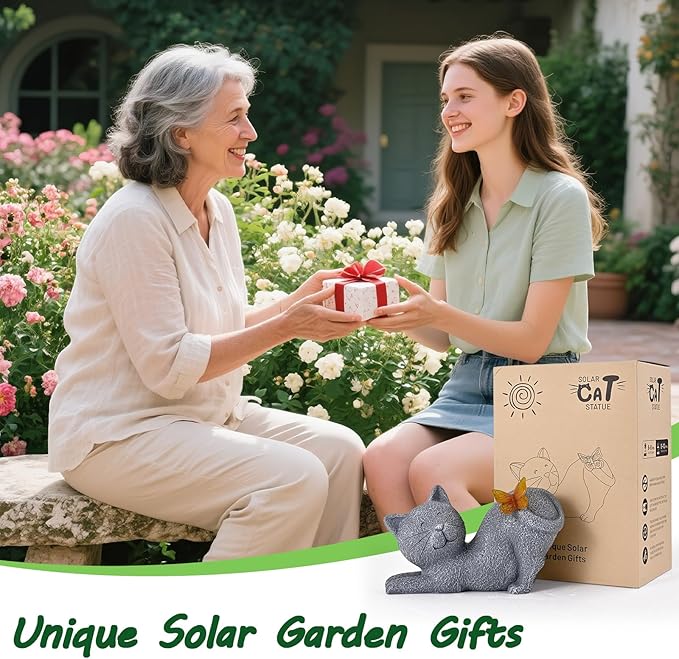 Solar Cat Garden Statue with Glowing Butterfly, Outdoor Resin Cat Figurine with Solar Light, Waterproof Yard Decor for Patio, Lawn, Porch, and Unique Garden Gifts for Cats Lovers