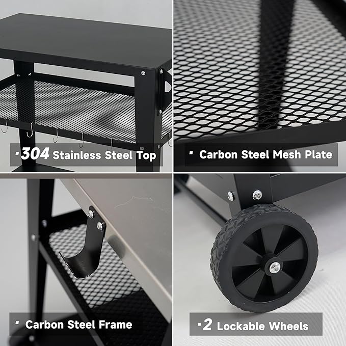 Black Outdoor Grill Cart with Wheels, Heavy-Duty 3-Tier BBQ Prep Table for Pizza Oven, Griddle, Patio – Rustproof Commercial Kitchen Cart with Tool Hooks