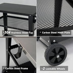 Black Outdoor Grill Cart with Wheels, Heavy-Duty 3-Tier BBQ Prep Table for Pizza Oven, Griddle, Patio – Rustproof Commercial Kitchen Cart with Tool Hooks