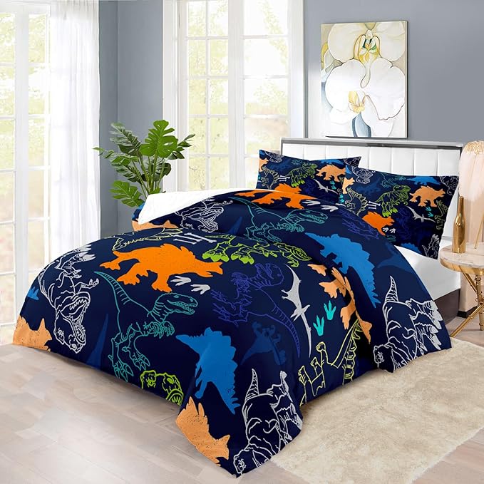 Blue Dinosaur Comforter Set Queen Boys,Cute Dinosaur Bedding Set Queen for Kids,Kawaii Dragon Comforter Blue Bedroom Decor,Cute Animal Bedding Kawaii Animal Quilt Boys