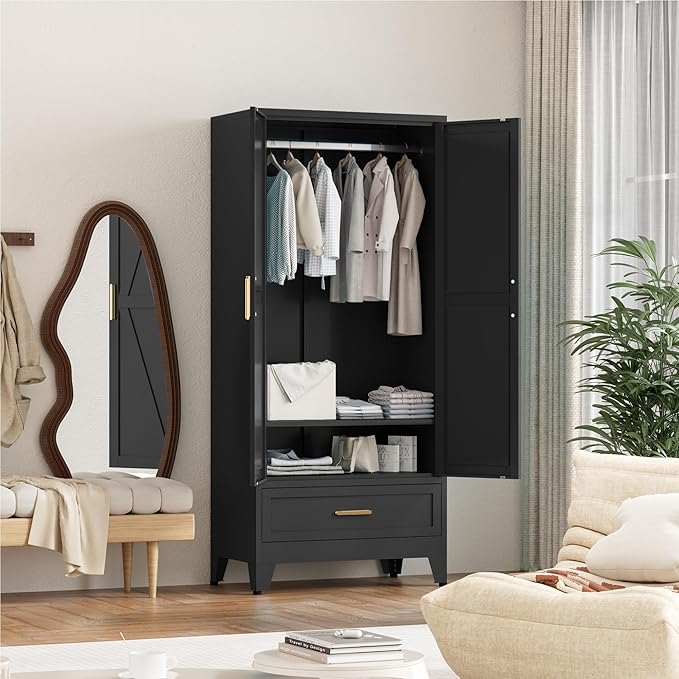 71'' Black Farmhouse Metal Wardrobe Cabinet with Hanging Rod, 2 Barn Door Wardrobe Closet with Adjustable Shelves,Drawer,for Dining Room,Bedroom,Living Room, Cloak Room,Office