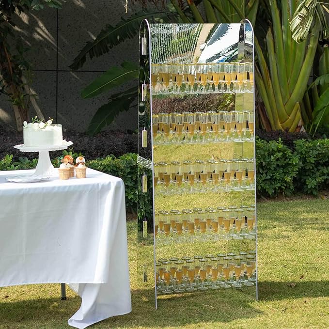 Tableclothsfactory Silver Mirror Finish 5-Tier Wine Glass Stemware Rack, 40 Champagne Flute Holder Foam Board Wall Stand - 5ft