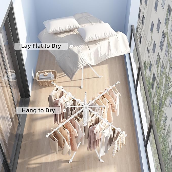 BIREN Clothes Drying Rack Foldable Extending Laundry Rack with 16 Clips Collapsible Clothing Rack Space-Saving Clothing Racks for Hanging Clothes, Indoor, Camping, Balcony, Outdoor