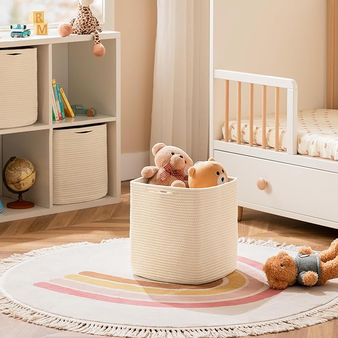 joybest Cube Storage Bins Set of 4, 11inch Cube Baskets Organizer for Nursery, Square Cotton Rope Baskets for Shelves Organizing, Kids Toy, Closet Storage, Beige