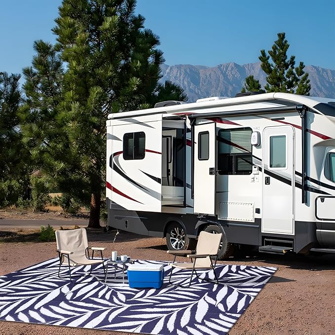 OLANLY Waterproof Outdoor Rug 5x8 ft, Reversible Outdoor Plastic Straw Rug with Leaf Pattern, RV Mat, Indoor Outdoor Carpet for Patio, Camping, Balcony, Deck, Backyard, Navy & White