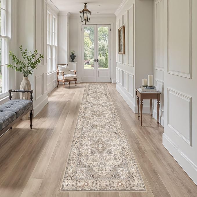 Washable 2.6x12 Runner Rug - Area Rugs Neutral Vintage Distressed Floral Farmhouse Boho Large Soft Floor Rug Indoor Carpet for Hallway Entryway Kitchen Home - Brown/Multi