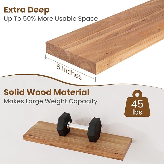 Floating Shelves for Wall Decor, 8" Deep Rustic Solid Elm Wood Floating Shelves Wall Mounted, Wall Shelves with Invisible Bracket for Living Room Bathroom Bedroom Kitchen, 24 Inch Set of 2, Natural
