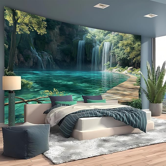 BSFHH Nature Tapestry Forest Tree Sea Cave Wall Hanging, Stream Through Rainforest Landscape Wall Art Tapestry for Bedroom Living room (Waterfall, 79"×59", Unframed)