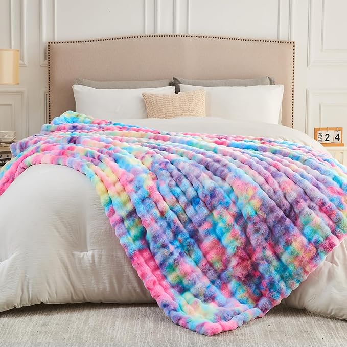 NEWCOSPLAY Faux Fur Twin Blanket Dark Rainbow Luxury Fluffy Thick Warm Bubble Blanket for Couch Sofa Bed 700GSM (Dark Rainbow, Twin(60"x80"))