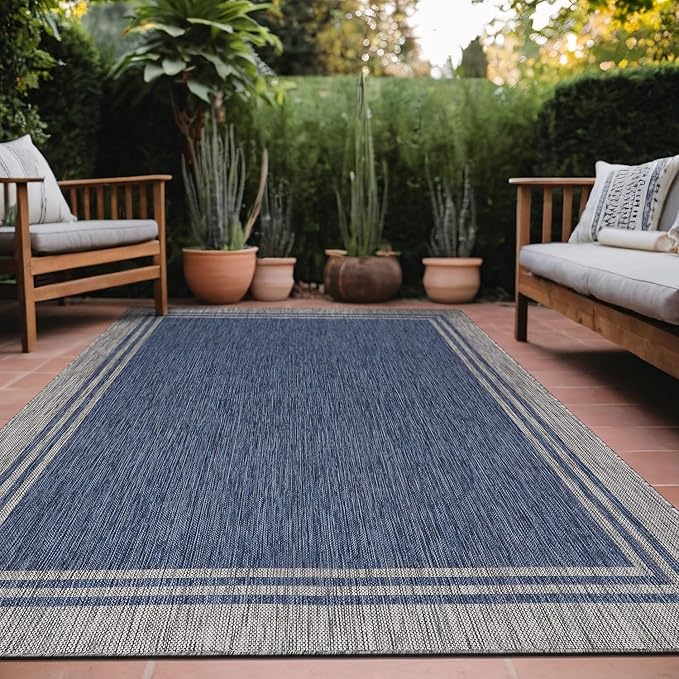 Bordered Outdoor Rug 5x7 Washable Outside Carpet for Indoor Patio Porch Waterproof Easy Cleaning Non Shedding Area Rugs Navy 5 x 7