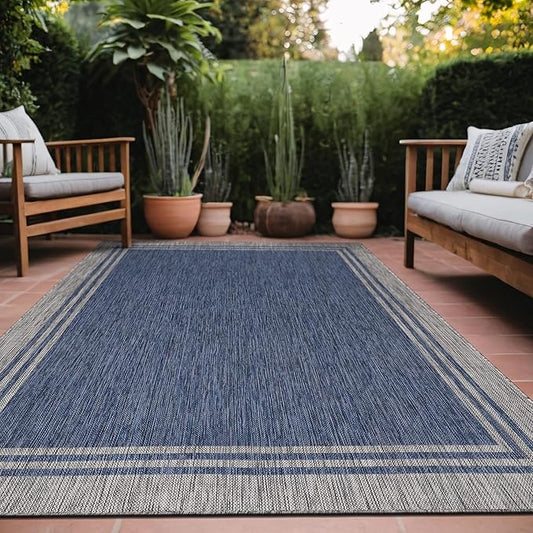 Bordered Outdoor Rug 5x7 Washable Outside Carpet for Indoor Patio Porch Waterproof Easy Cleaning Non Shedding Area Rugs Navy 5 x 7