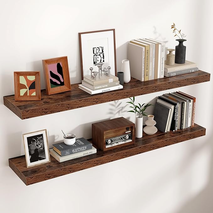 Floating Shelves - 2 Large Wall Mounted Shelves with Invisible Brackets, Long Wood Floating Wall Shelf for Living Room, Bedroom, Kitchen (Brown, 48" W x 9" D x 1.5" H)
