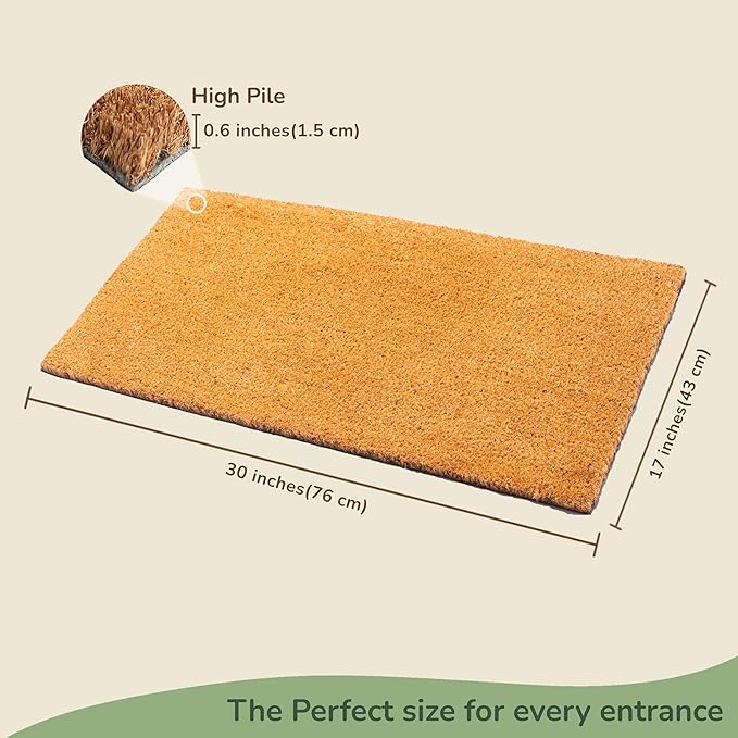 Welcome Doormats, Natural Coco Coir Mats with Non-Slip PVC Backing, Indoor Outdoor Mats for Home & Office, Floor Mats for Door Decor, Patio Decor, Plain Entry Mat, Beige, 30"x17"