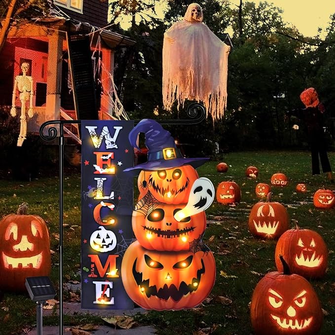 Halloween Lighted Garden Flag, Solar Yard Flag for Outside, 8 Modes Double Sided Welcome Halloween Pumpkin Outdoor Decorations for Home Porch (Pumpkin-12x18)