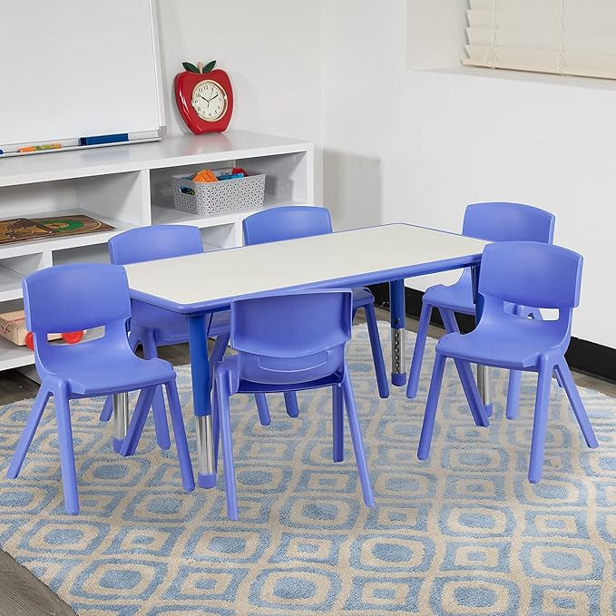 Flash Furniture Emmy Adjustable Classroom Activity Table with 6 Stackable Chairs, Plastic Activity Table for Kids, 23.625" W x 47.25" L, Blue/Gray