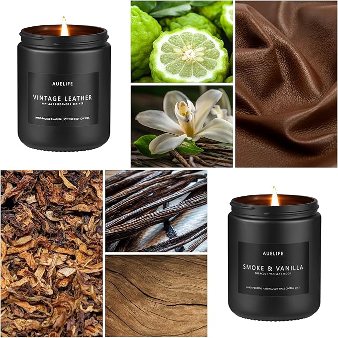 2 Pack Men Candles | Smoke & Vanilla + Vintage Leather - Scented Candles for Men - Masculines Candle - Soy Candle for Home Scented, Man Gifts, Black Jar - 7oz