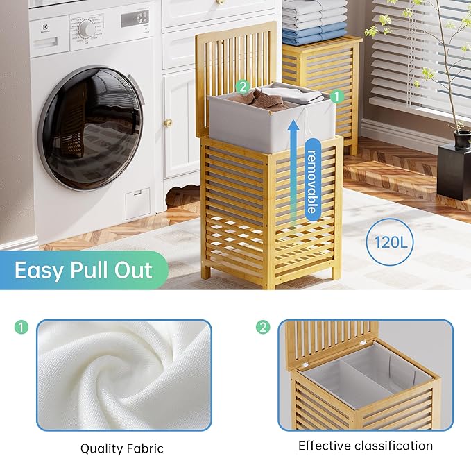 SMIBUY Double Laundry Hamper with Lid, 120L Bamboo Laundry Basket with Removable Liner Bag, 2-Section Clothes Divider Laundry Sorter for Laundry Room, Bathroom, Bedroom (Natural)